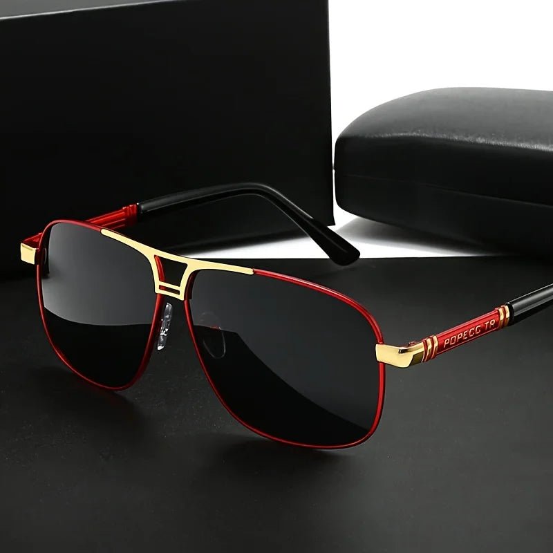 Men's large frame sunglasses with black to red gradient TAC lenses, full-iron rim, polished finish, and easy-clean lens surface.