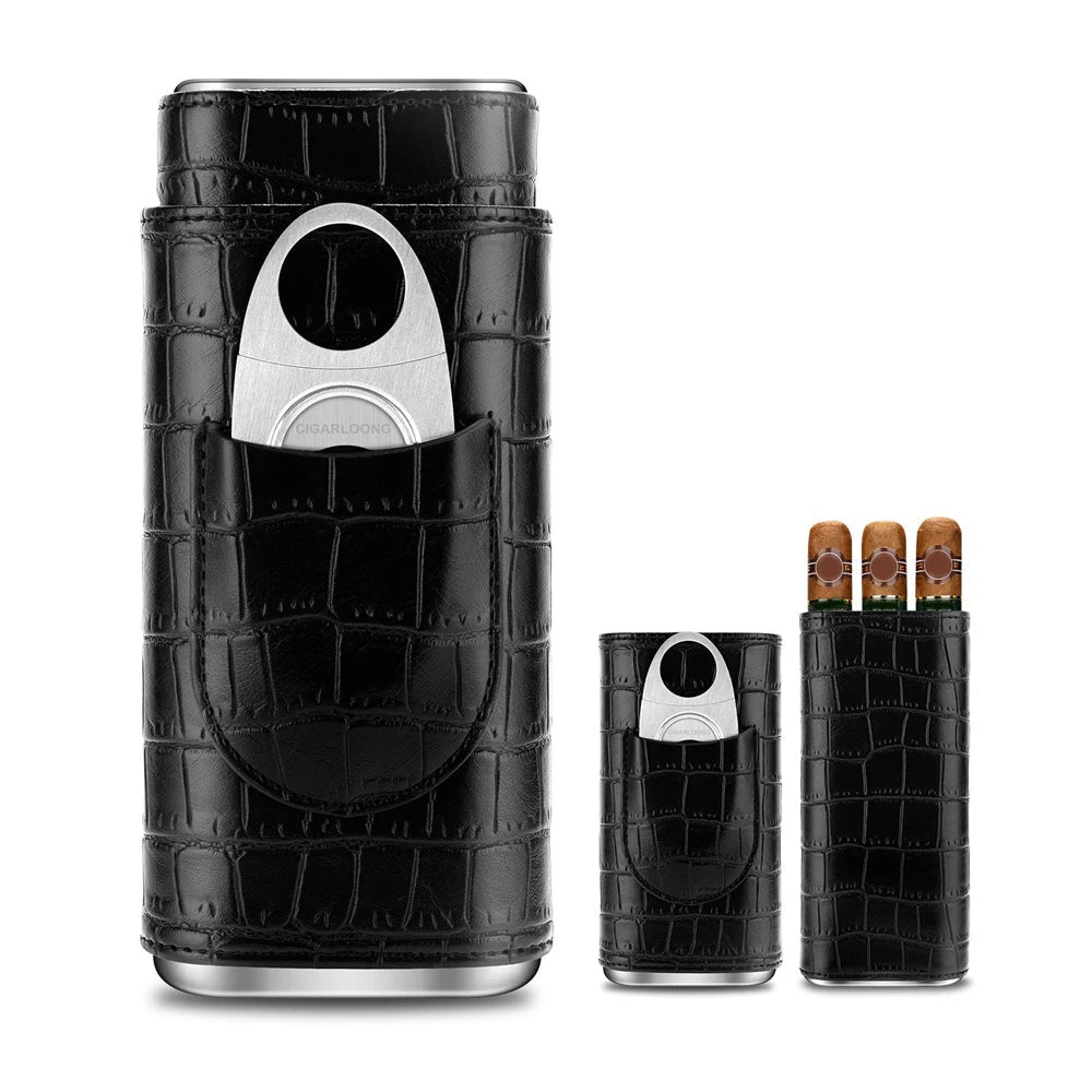 Mandotos International men's portable cigar case holding three cigars with PU leather exterior and built-in cutter for travel.