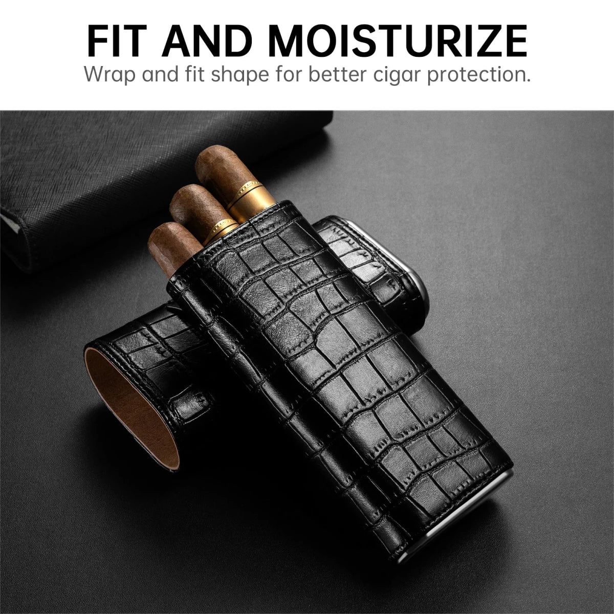 Men's portable cigar case by Mandotos International holding three cigars in PU leather with built-in cutter for travel.