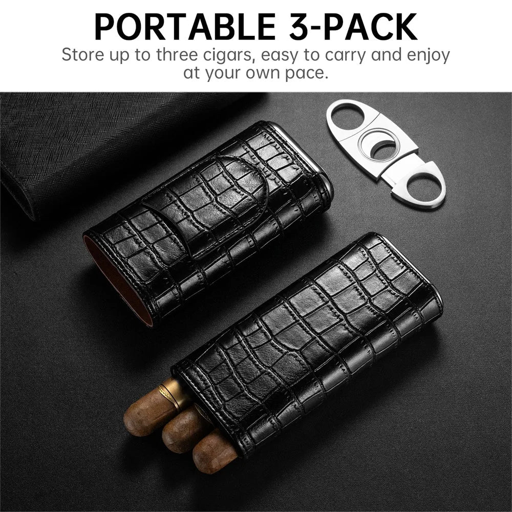 Men's portable cigar case by MANDOTOS INTERNATIONAL holding three cigars in PU leather with built-in cutter for travel.