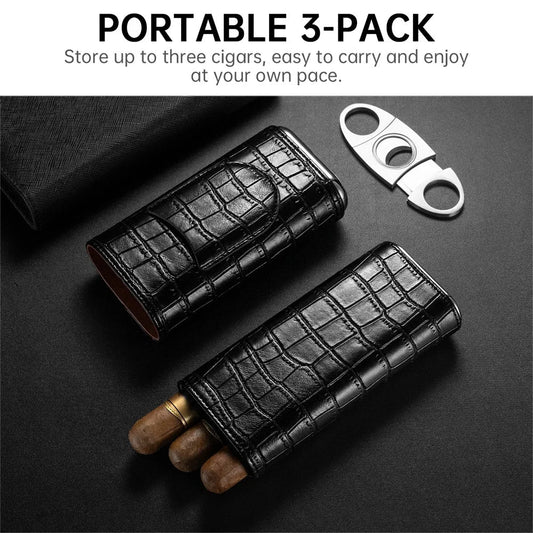 Men's portable cigar case by MANDOTOS INTERNATIONAL holding three cigars in PU leather with built-in cutter for travel.