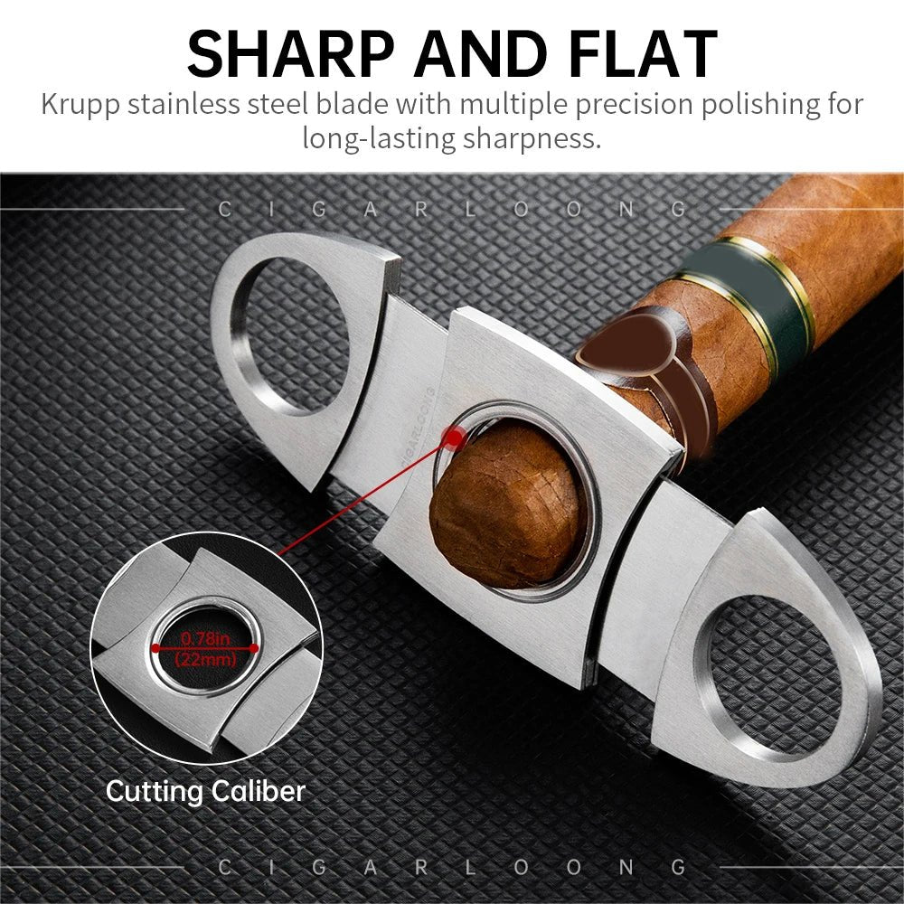 Men's portable cigar case by MANDOTOS INTERNATIONAL holding 3 cigars in PU leather with built-in cutter, ideal for travel.