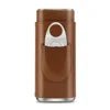 Men's portable cigar case from MANDOTOS INTERNATIONAL with space for 3 cigars, PU leather exterior, and a built-in cutter for travel use.