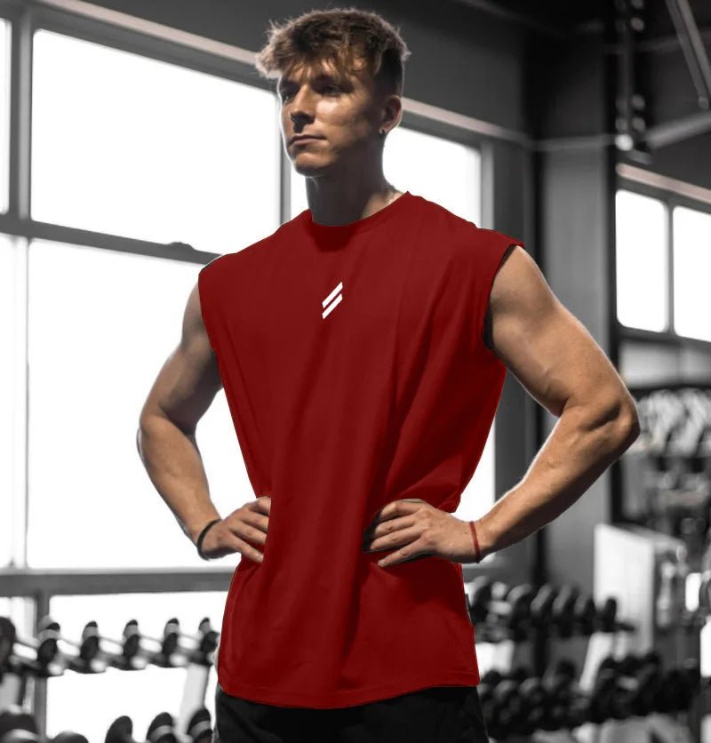 Men's quick-drying sleeveless fitness shirt by MANDOTOS INTERNATIONAL, featuring breathable mesh fabric for summer basketball or workout.