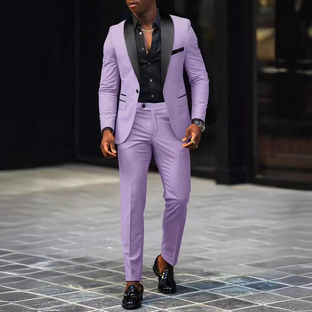 Men's slim-fit business casual suit jacket and trousers by MANDOTOS INTERNATIONAL, stylish formalwear for professional occasions.