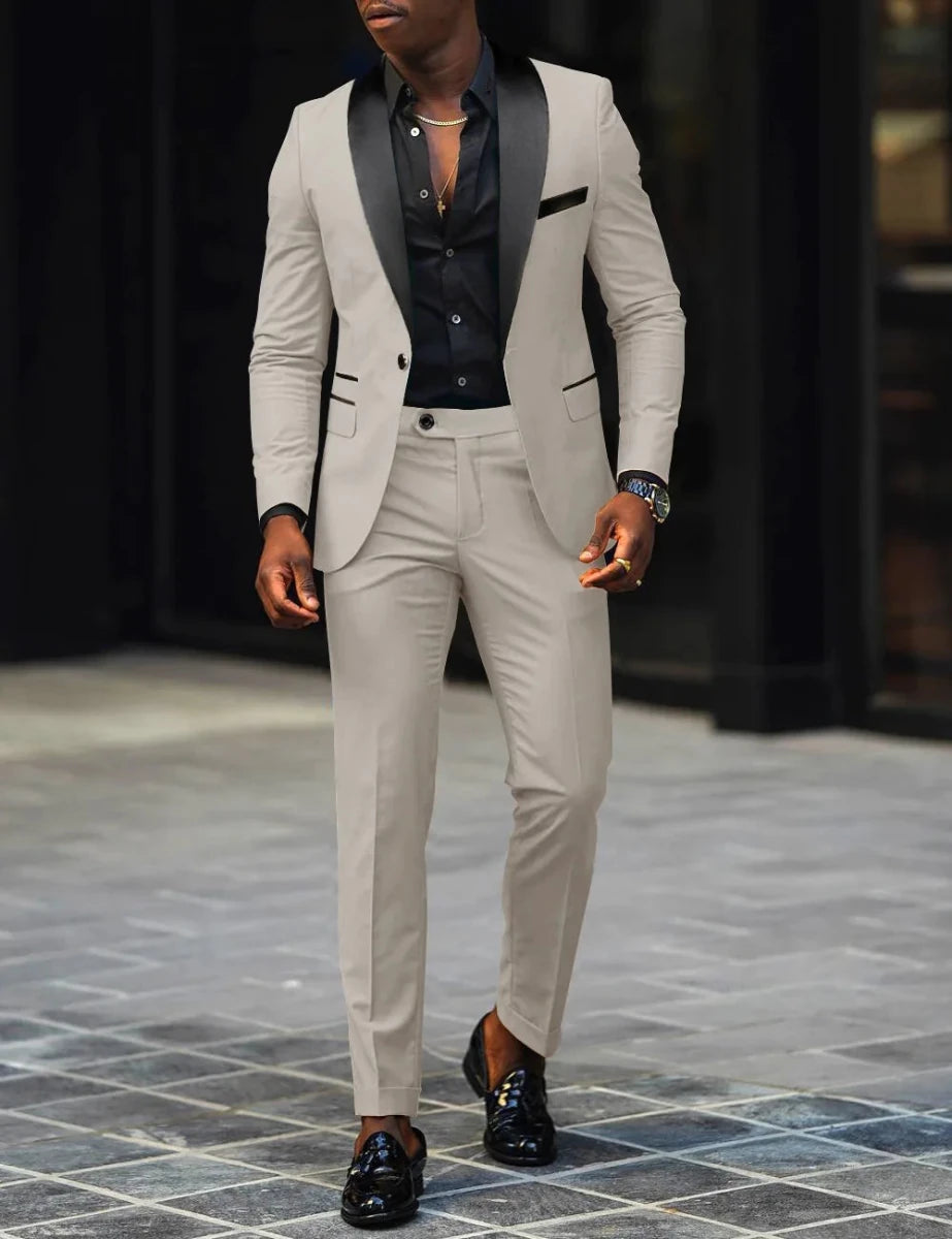 Men's slim-fit business casual suit jacket and trousers by MANDOTOS INTERNATIONAL, tailored fit for professional style.