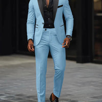 Men's slim-fit business casual suit jacket and trousers by MANDOTOS INTERNATIONAL, tailored for a modern professional look.