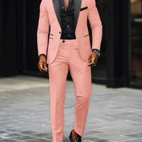 Men's slim-fit business casual suit jacket and trousers by MANDOTOS INTERNATIONAL, tailored for a sleek, modern look.