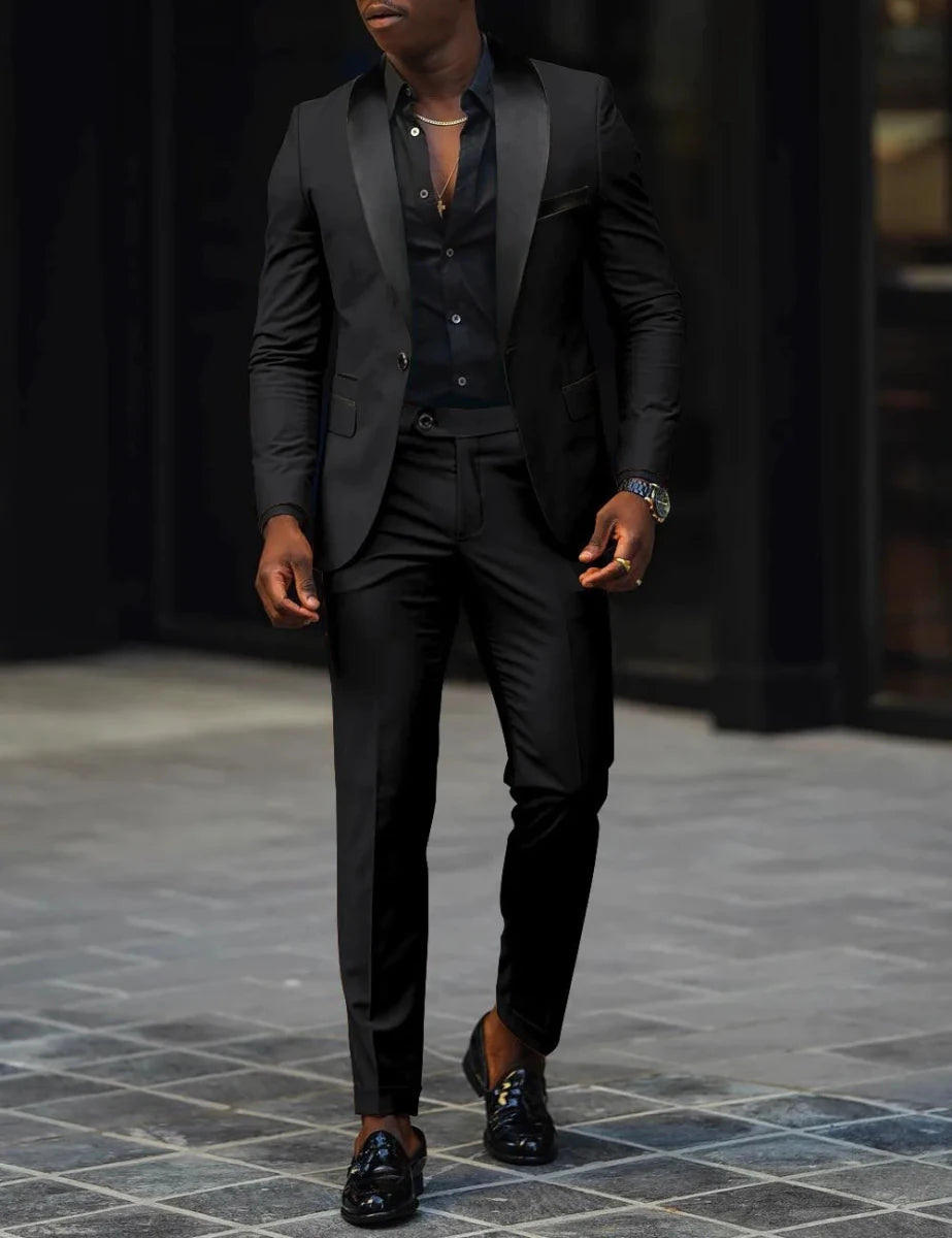 Men's slim-fit business casual suit jacket and trousers by MANDOTOS INTERNATIONAL, tailored for a modern, professional look.