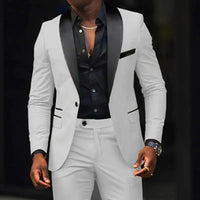 Men's slim-fit business casual suit jacket and trousers by MANDOTOS INTERNATIONAL, tailored fit, formal office wear ensemble.