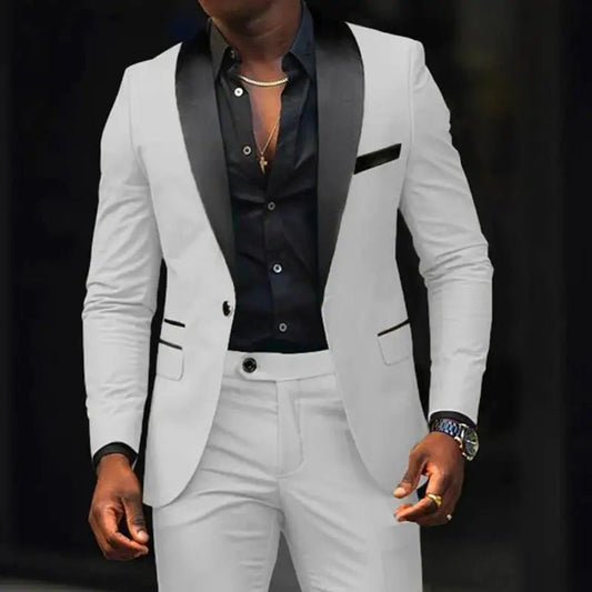 Men's slim-fit business casual suit jacket and trousers by MANDOTOS INTERNATIONAL, tailored fit, formal office wear ensemble.