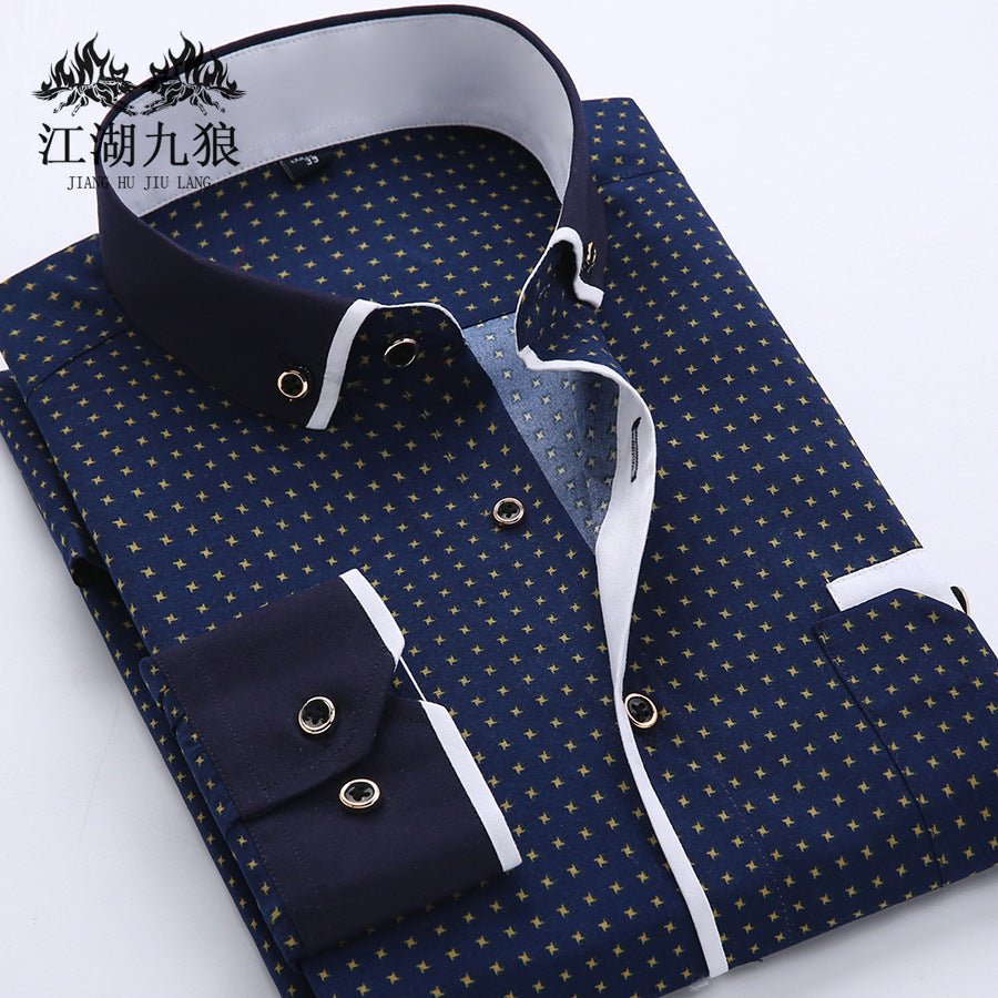Men's slim-fit business printed long-sleeve shirt by Mandotos International, featuring a stylish pattern and tailored fit.