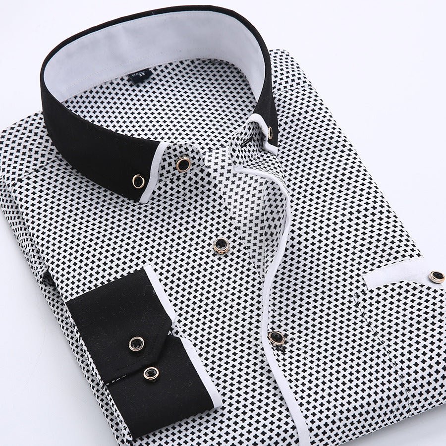 Men's slim-fit business printed long-sleeve shirt by MANDOTOS INTERNATIONAL, featuring a stylish pattern and tailored fit.