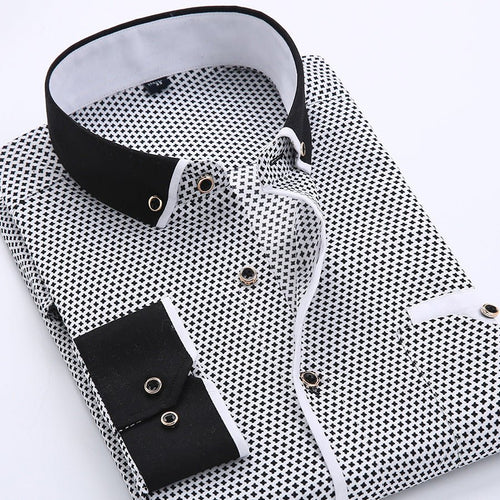 Men's slim-fit business printed long-sleeve shirt by MANDOTOS INTERNATIONAL, featuring a stylish pattern and tailored fit.