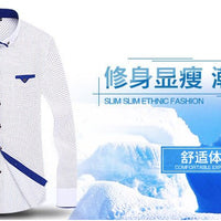 Men's slim-fit business printed long-sleeve shirt by MANDOTOS INTERNATIONAL, with a stylish pattern and tailored fit.