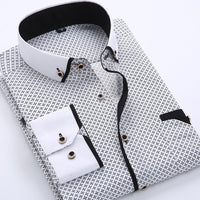 Men's slim-fit business printed long-sleeve shirt by MANDOTOS INTERNATIONAL, featuring a stylish pattern and tailored fit.
