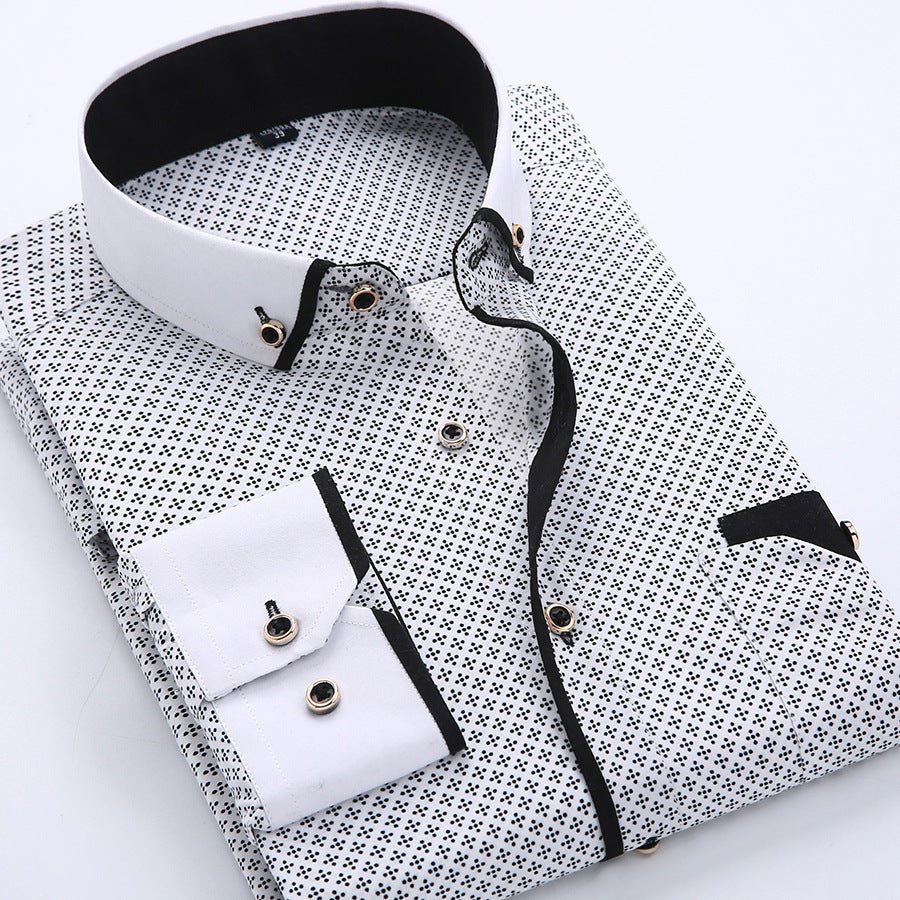 Men's slim-fit business printed long-sleeve shirt by MANDOTOS INTERNATIONAL, featuring a stylish pattern and tailored fit.