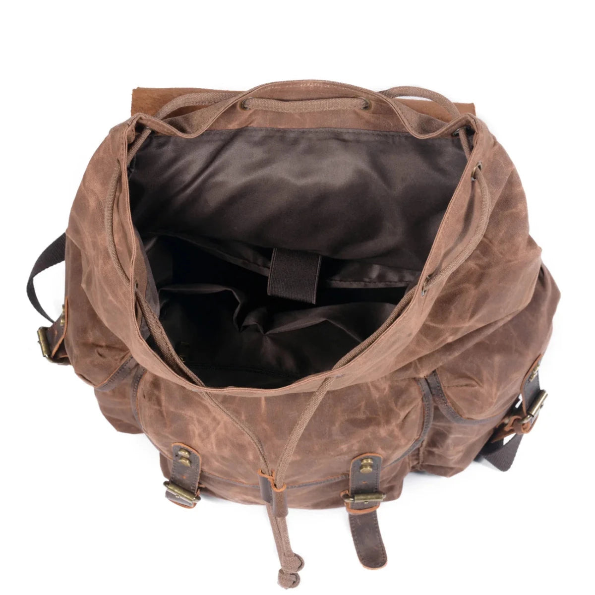 Men's vintage batik canvas and leather backpack with adjustable straps, featuring a stylish and durable design from Mandotos International.