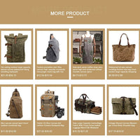 Men's vintage batik canvas and leather backpack by Mandotos International, featuring detailed stitching and adjustable straps.