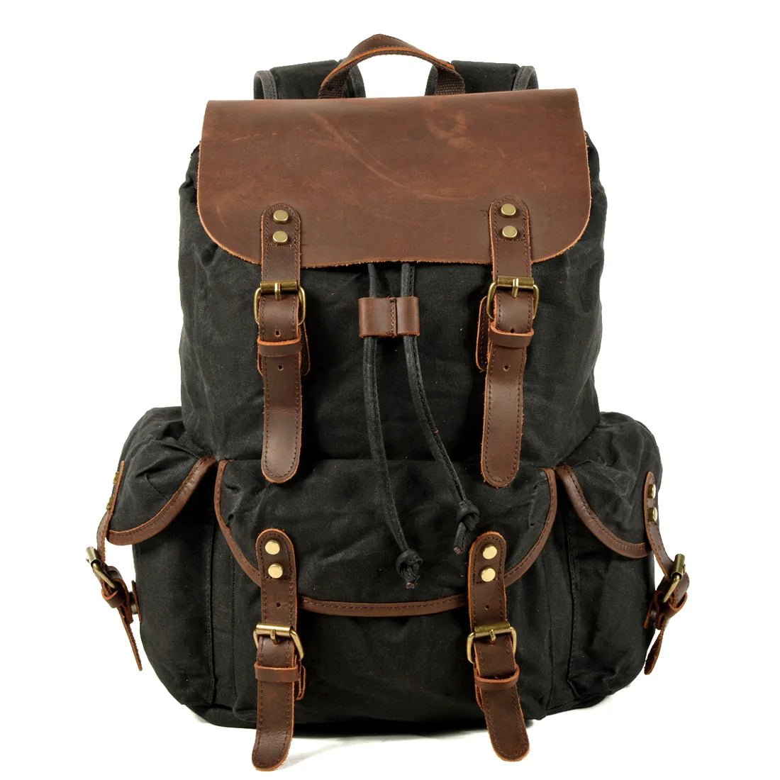 Men's vintage batik canvas leather backpack with adjustable straps, multiple pockets, and classic design from Mandotos International.