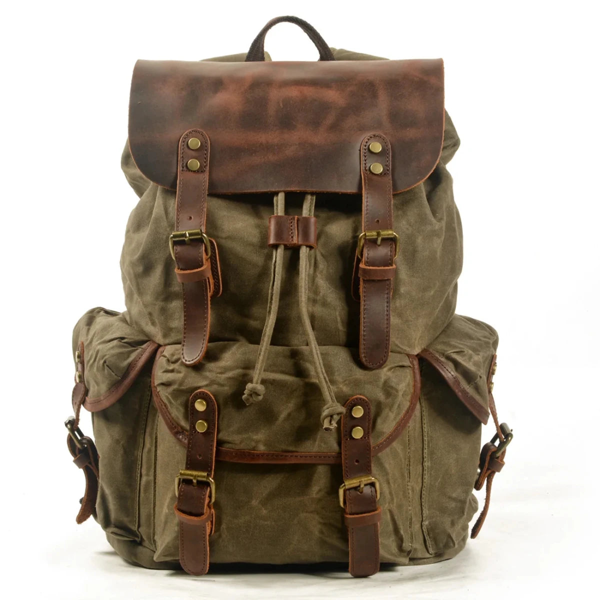Men's vintage batik canvas leather backpack by Mandotos International, showing its stylish design and durable materials.