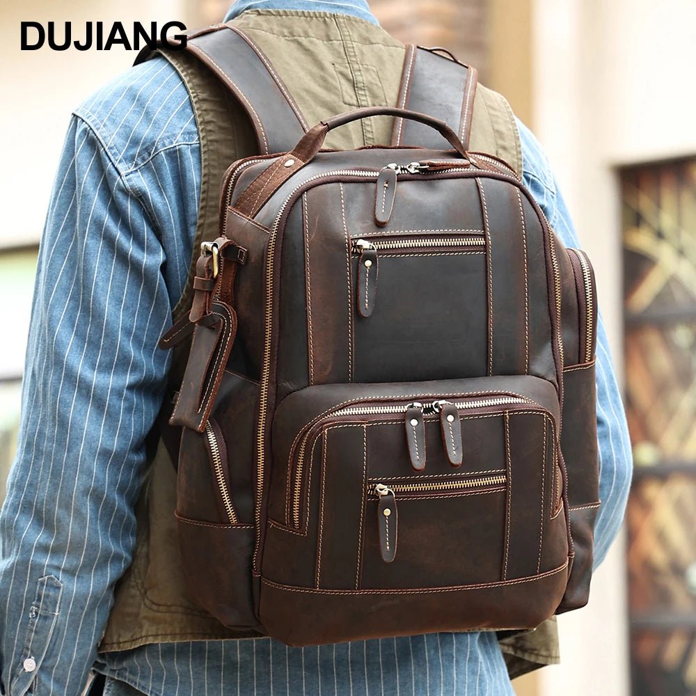 Men's vintage leather backpack by MANDOTOS INTERNATIONAL, suitable for school and travel, with sturdy leather straps and multiple compartments.