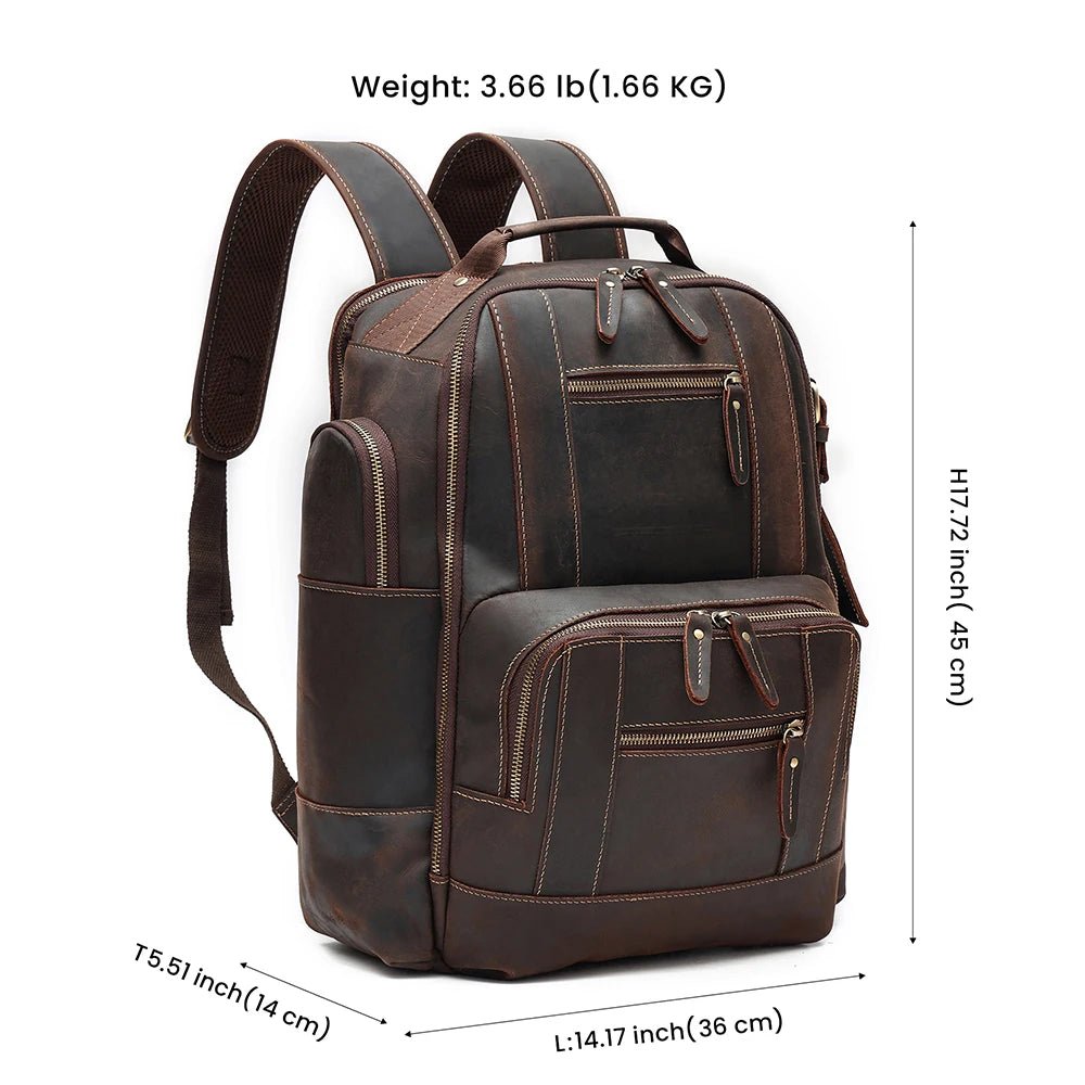 Men's vintage leather backpack by MANDOTOS INTERNATIONAL, ideal for school and travel, featuring a classic design and durable construction.