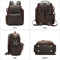 Men's vintage leather backpack by MANDOTOS INTERNATIONAL, designed for school and travel, featuring durable leather and classic style.
