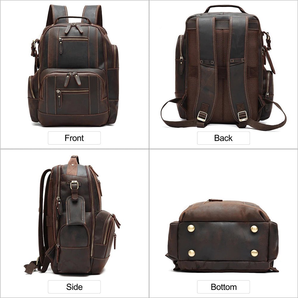 Men's vintage leather backpack by MANDOTOS INTERNATIONAL, designed for school and travel, featuring durable leather and classic style.