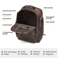 Men's vintage leather backpack by MANDOTOS INTERNATIONAL, ideal for school and travel, featuring classic design and sturdy leather construction.