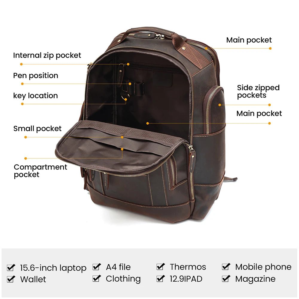 Men's vintage leather backpack by MANDOTOS INTERNATIONAL, ideal for school and travel, featuring classic design and sturdy leather construction.