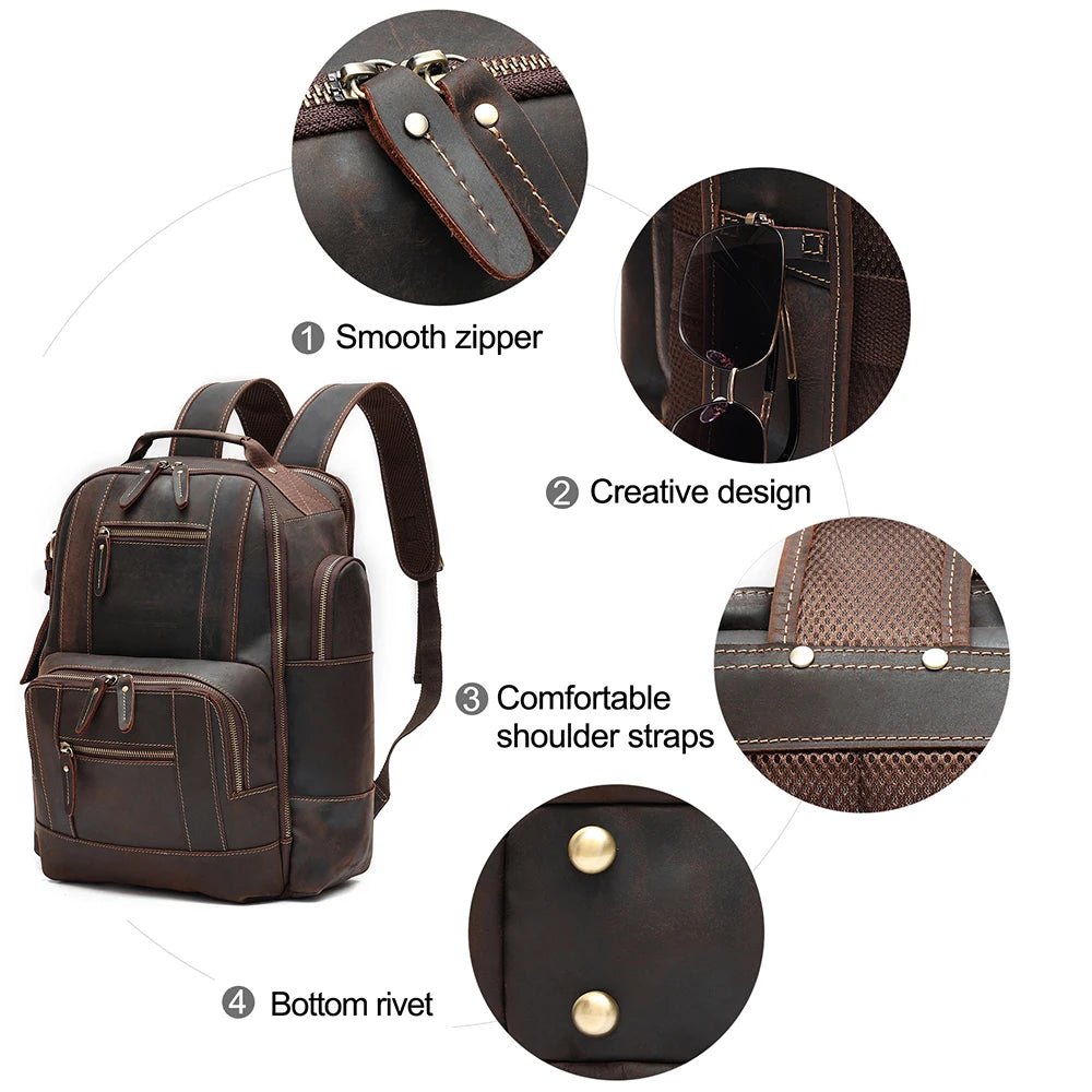 Men's vintage leather backpack by MANDOTOS INTERNATIONAL, ideal for school and travel, with adjustable straps and multiple pockets.