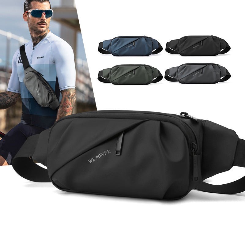 Men's water-repellent waist bag from MANDOTOS INTERNATIONAL, outdoor sports crossbody bag with adjustable strap and multiple compartments.