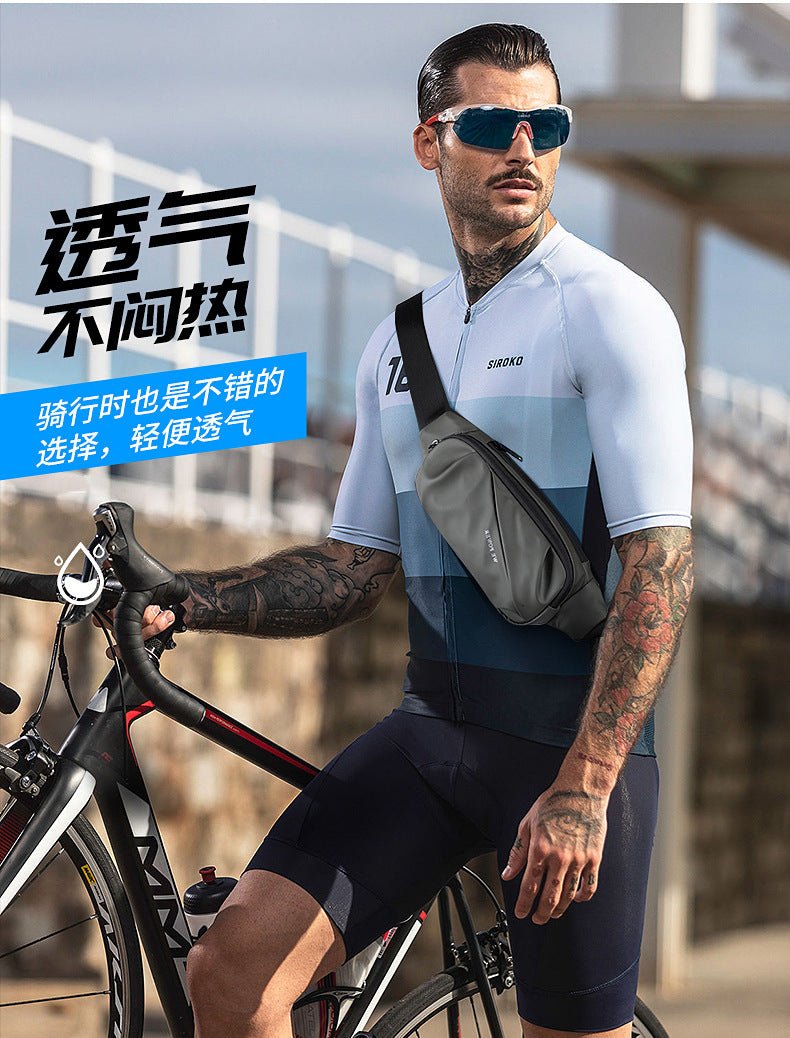 Men's water-repellent waist bag by MANDOTOS INTERNATIONAL, outdoor sports crossbody bag with adjustable strap and multiple compartments.