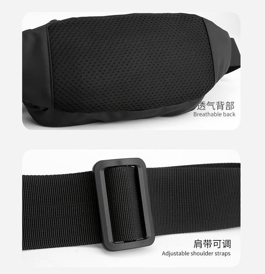 Men's water-repellent waist bag by MANDOTOS INTERNATIONAL, outdoor sports crossbody bag with adjustable strap and multiple compartments.