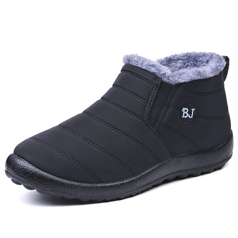 Men's waterproof winter snow boots by Mandotos International, outdoor work shoes in plus size with rugged grip soles.
