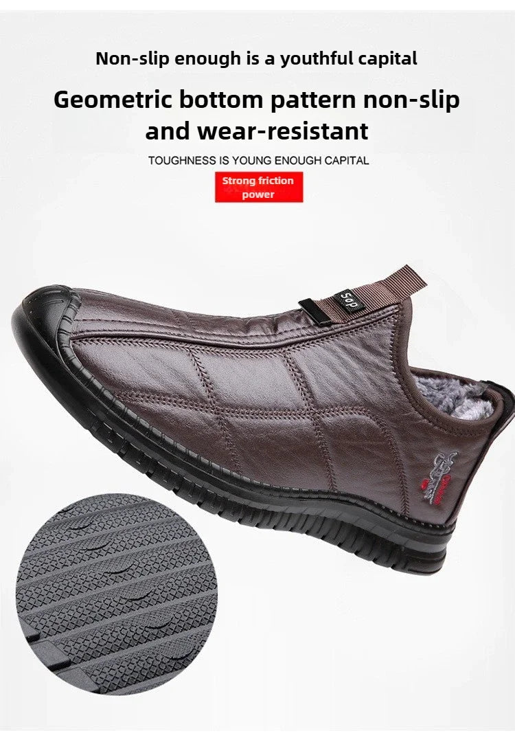 Men's winter waterproof non-slip platform work boots by MANDOTOS INTERNATIONAL, size 38-48, shown with sturdy sole and ankle support.