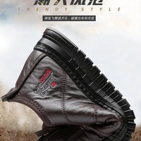 Men's winter waterproof non-slip platform work boots by MANDOTOS INTERNATIONAL, size 38-48, showing sturdy sole and insulated design.