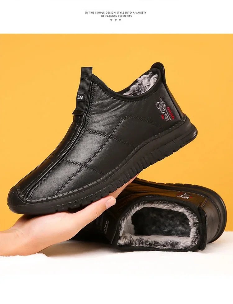 Men's winter waterproof non-slip platform work boots in size 38-48, black with sturdy sole and ankle support from MANDOTOS INTERNATIONAL.