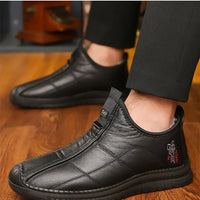 Men's winter waterproof non-slip platform work boots by Mandotos International, size 38-48, shown with sturdy design and traction soles.