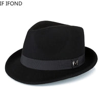 Men's winter felt fedora hat by MANDOTOS INTERNATIONAL, warm wool jazz cap with narrow brim, classic Homburg style.