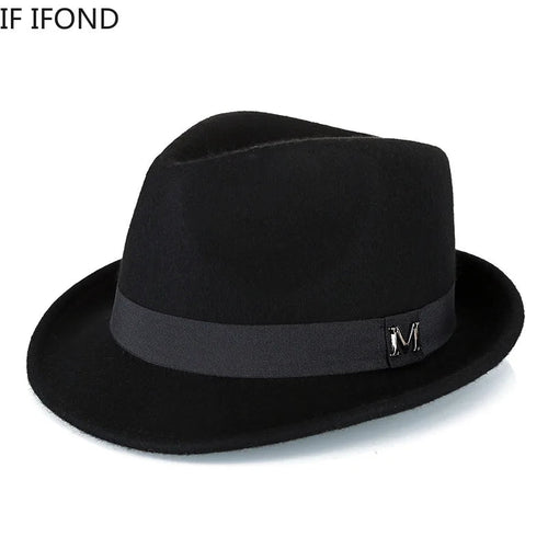 Men's winter felt fedora hat by MANDOTOS INTERNATIONAL, warm wool jazz cap with narrow brim, classic Homburg style.