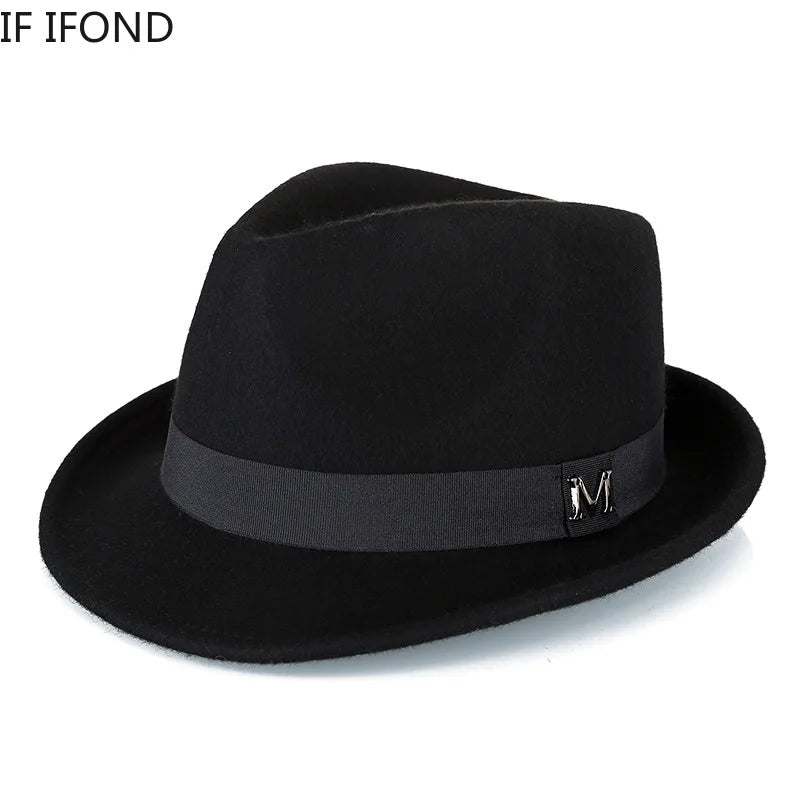 Men's winter felt fedora hat by MANDOTOS INTERNATIONAL, warm wool jazz cap with narrow brim, classic Homburg style.