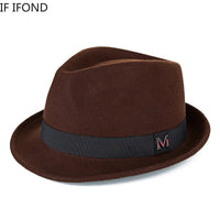 Men's winter felt fedora hat by MANDOTOS INTERNATIONAL featuring a thick wool construction, narrow brim, classic jazz style top hat.
