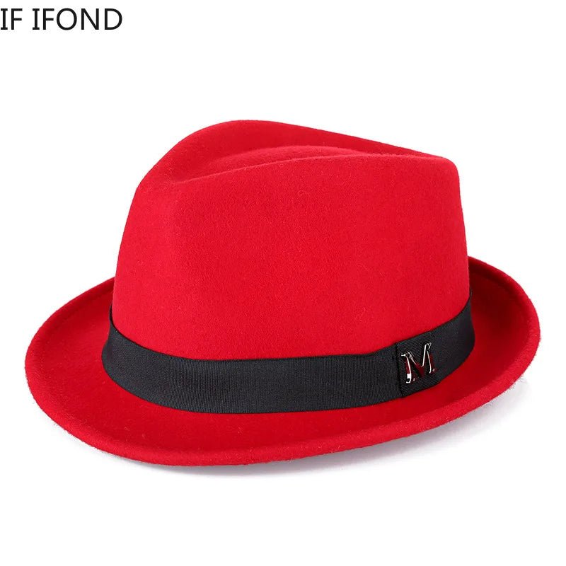 Men's winter felt fedora hat by MANDOTOS INTERNATIONAL, warm wool jazz cap with narrow brim, classic Homburg style for gentlemen.