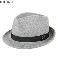 Men's winter felt fedora hat by MANDOTOS INTERNATIONAL, warm wool top hat with narrow brim, classic jazz and Homburg style for gentlemen.