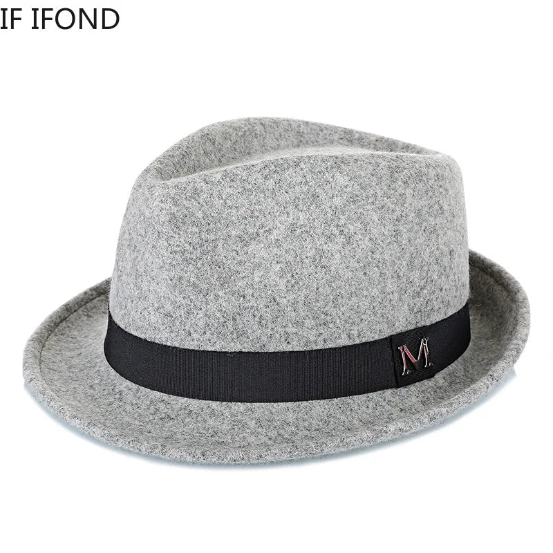 Men's winter felt fedora hat by MANDOTOS INTERNATIONAL, warm wool top hat with narrow brim, classic jazz and Homburg style for gentlemen.