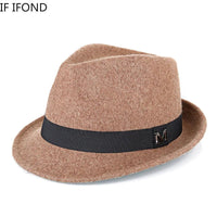 Men's winter felt fedora hat by Mandotos International, warm wool jazz cap with narrow brim and classic Homburg style.