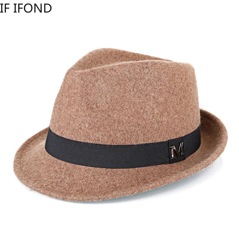 Men's winter felt fedora hat by Mandotos International, warm wool jazz cap with narrow brim and classic Homburg style.