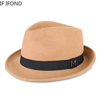 Men's winter felt fedora hat by MANDOTOS INTERNATIONAL, thick wool jazz cap with narrow brim and classic Homburg style.
